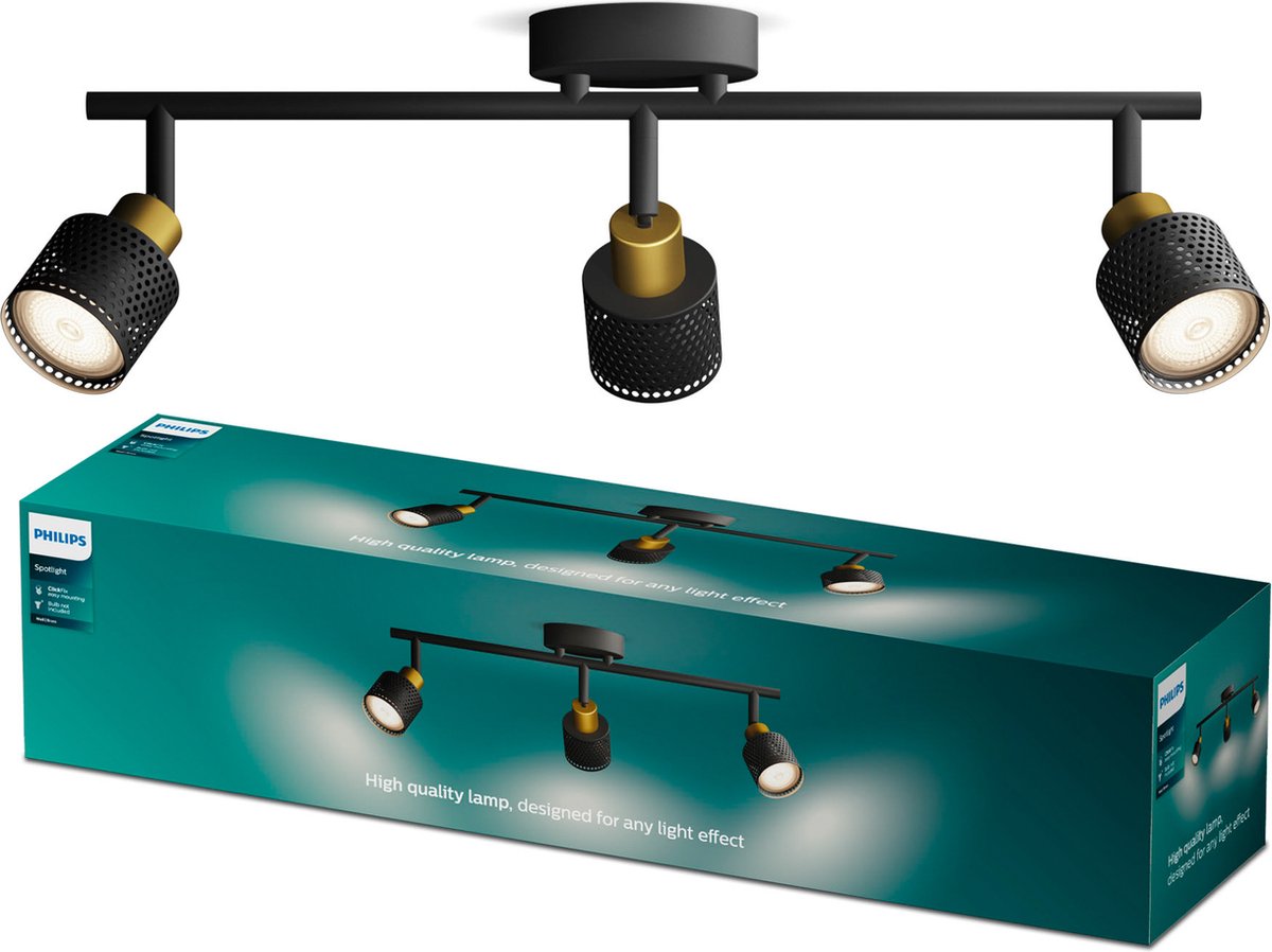 Philips LED Philips Niall Spot – Deckenstrahler mit drei Lichtpunkten – Schwarz mit goldenem Design – GU10-LED-Fassung