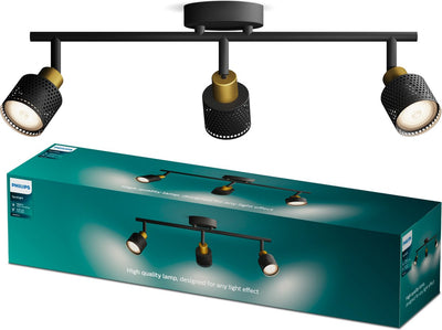 Philips LED Philips Niall Spot – Deckenstrahler mit drei Lichtpunkten – Schwarz mit goldenem Design – GU10-LED-Fassung