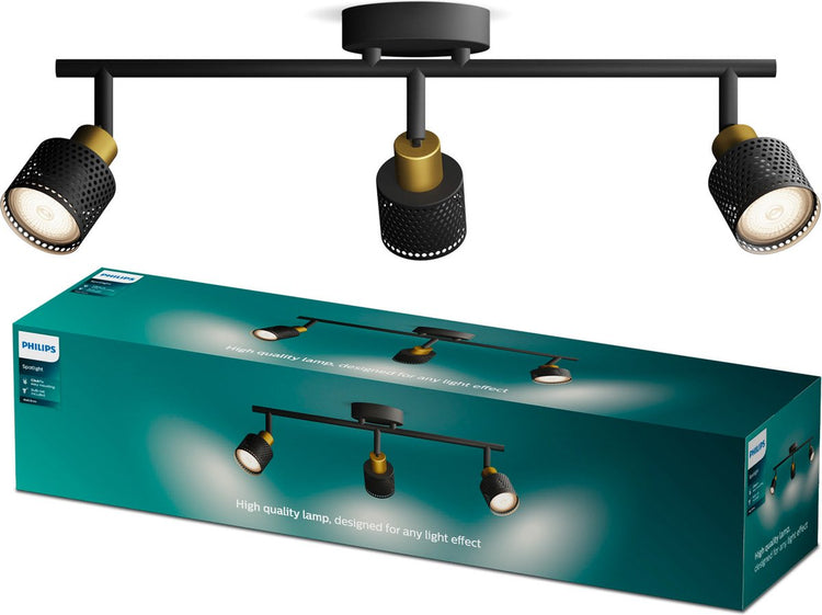 Philips LED Philips Niall Spot – Deckenstrahler mit drei Lichtpunkten – Schwarz mit goldenem Design – GU10-LED-Fassung