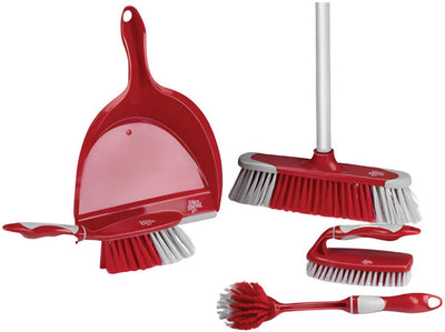 Dirt Devil Reinigungsset 6-teilig – Spülbürste, Handschrubber, weicher Besen mit Stiel, Kehrschaufel und Kehrschaufel – Rotgrau