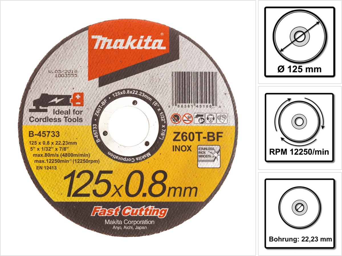 Makita b-45733 Trennscheibe – 125 x 22,23 x 0,8 mm – Edelstahl – Edelstahl