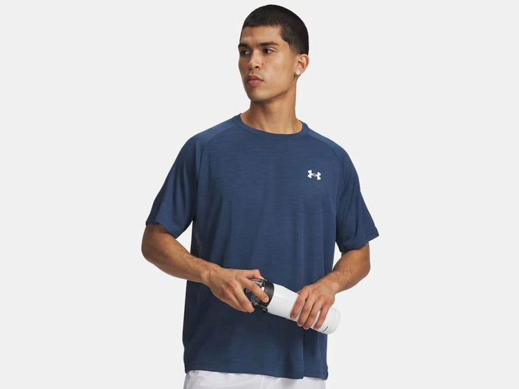 Under Armour Herren-Sportshirt „UA Tech Texture Red SS-Blu“ – Wham Blue – Weiß