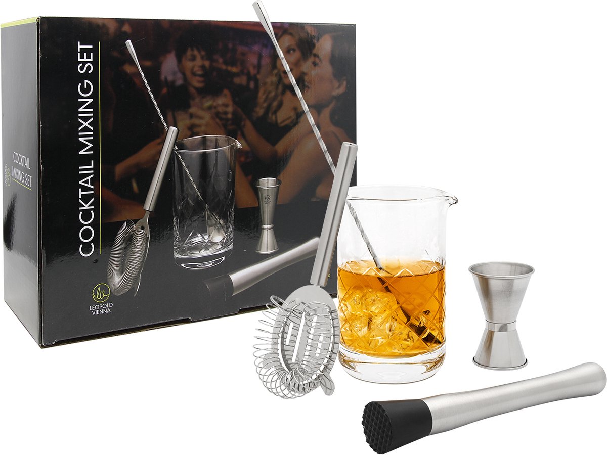 Leopold Vienna - Cocktail-Set 5-teilig (Rührglas, Barlöffel, Stößel, Pipette, Sieb) - Geschenk-Geschenkset
