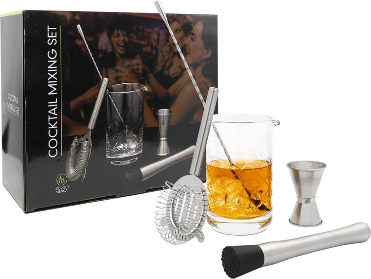Leopold Vienna - Cocktail-Set 5-teilig (Rührglas, Barlöffel, Stößel, Pipette, Sieb) - Geschenk-Geschenkset