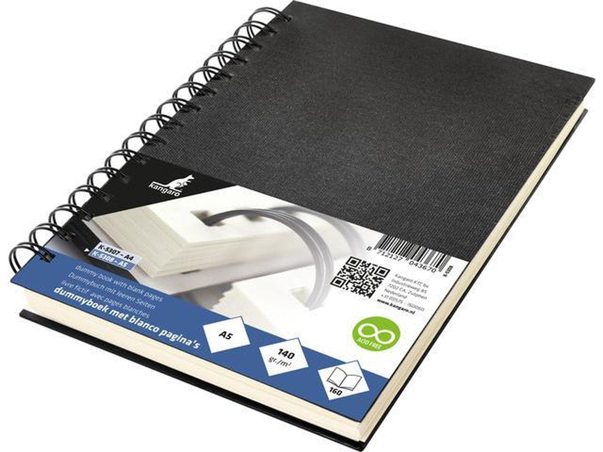 Kangaro-Schnullerbuch – A5 – Schwarz – mit Spirale – 160 leere Seiten – 140 Gramm cremefarbenes Papier – Leineneinband – K-5308