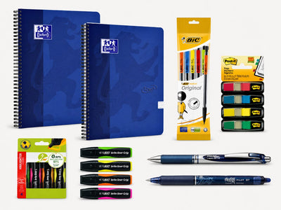 Verschiedene Marken zurück zur Schule – Schulset – Spiralblock A4, Stifte, Textmarker, Registerregister, Druckbleistifte – blau