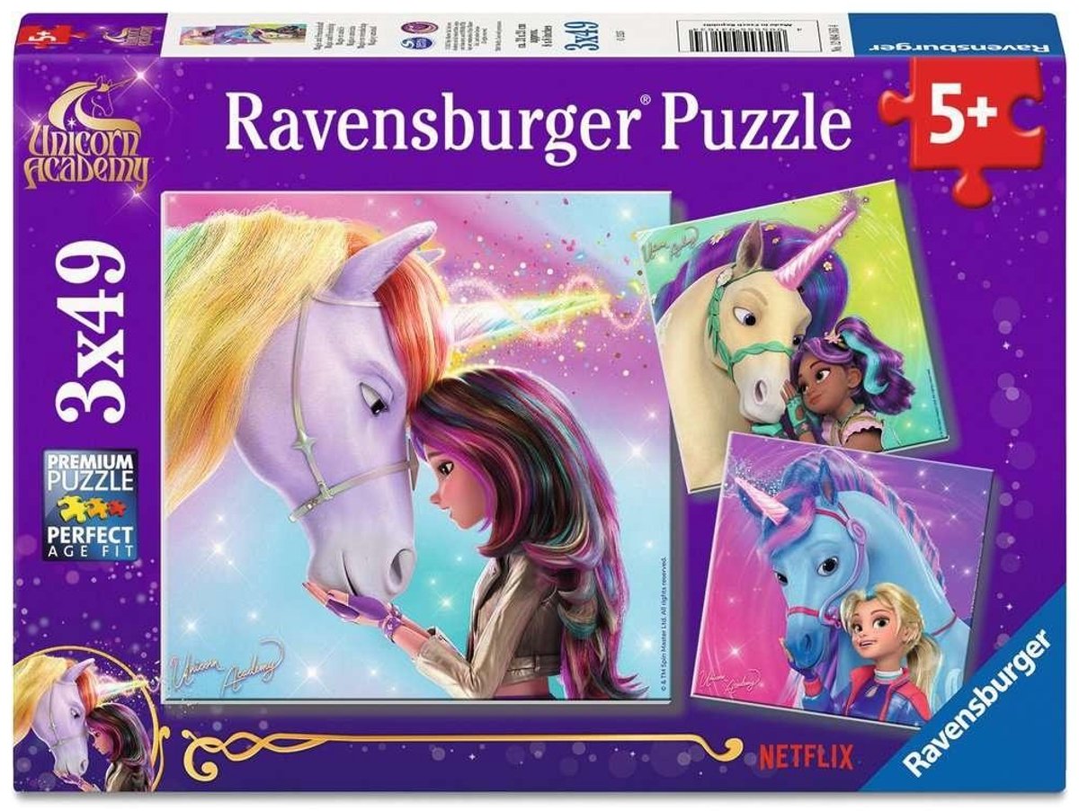 Ravensburger Kinderpuzzle 3x49 Teile - Einhorn-Akademie - Magie und Freundschaft