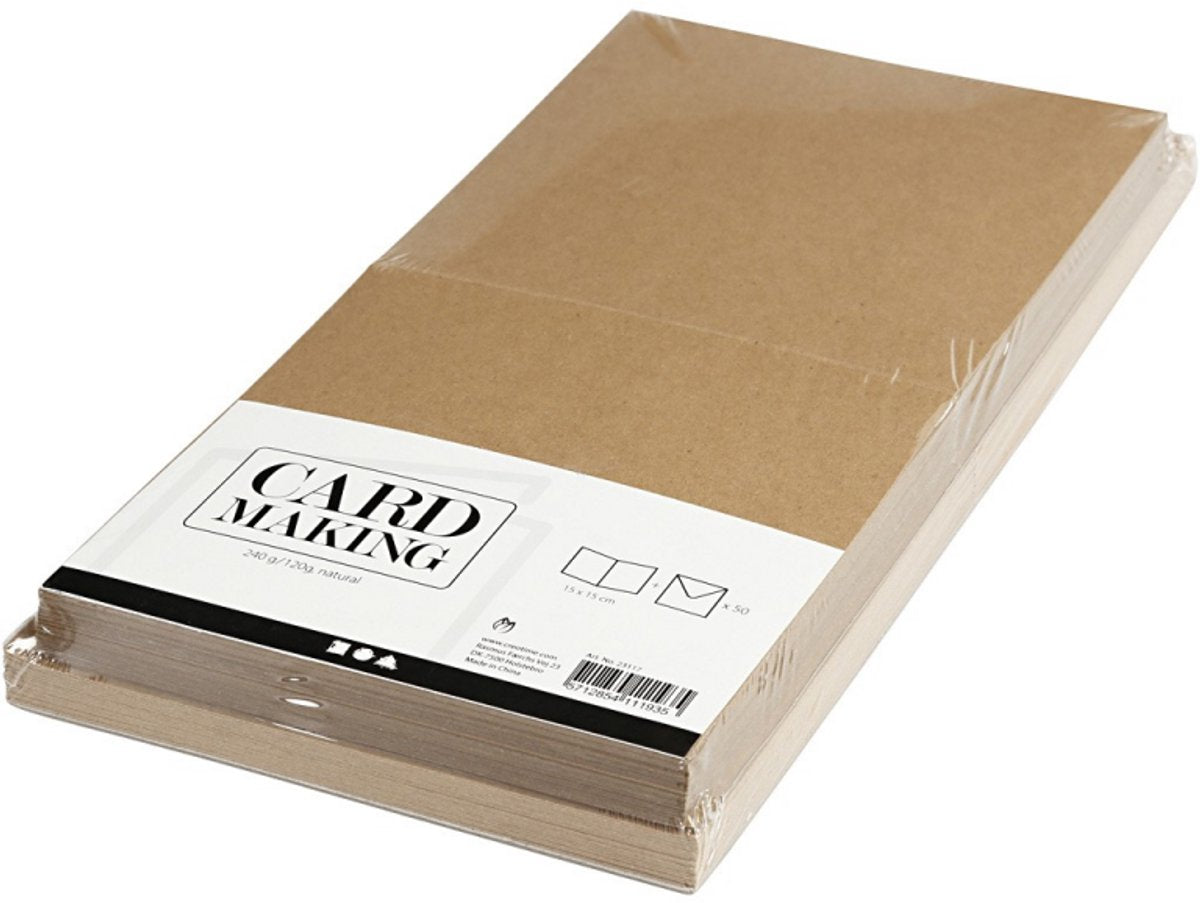 Creativ Firmenkarten und Umschläge, Kartengröße 15x15 cm, Umschlaggröße 16x16 cm, 120+240 gr, natur, 50er Set 1 Box