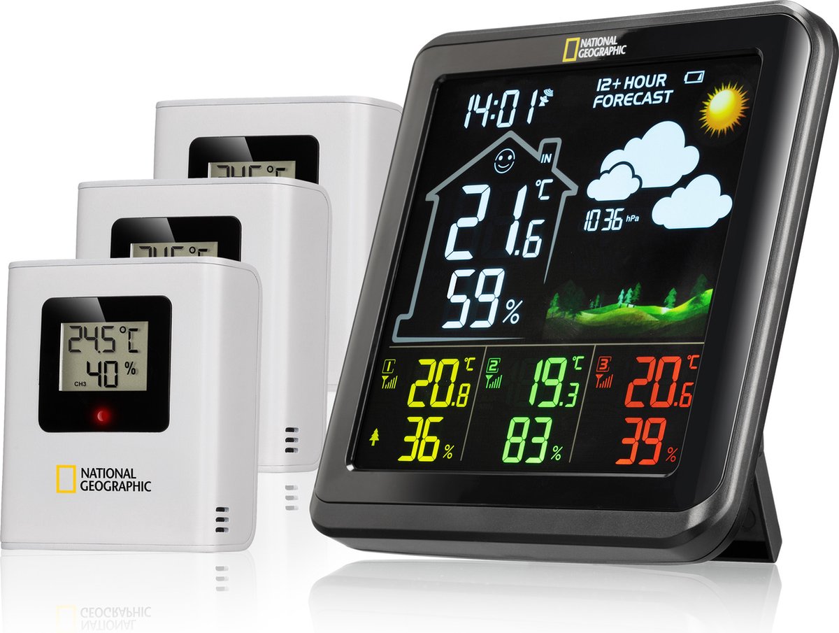 National Geographic Wetterstation – VA-Wetterstation mit Farbdisplay inkl. 3 Sensoren – mit Wettervorhersage, Alarmfunktion etc.