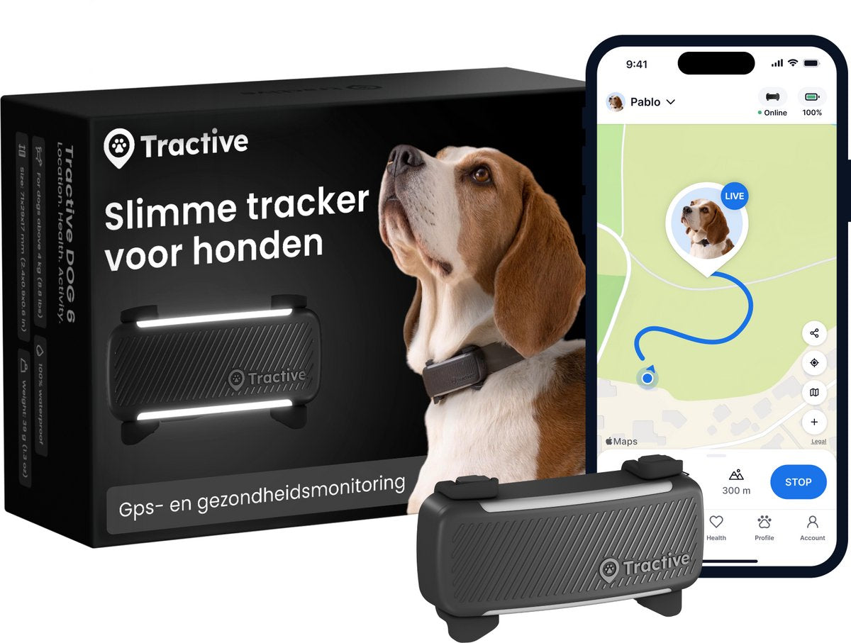 Tractive Dog 6 – Hunde-GPS mit Gesundheitsaktivitätsfunktionen – passend für die meisten Halsbänder – Schwarz