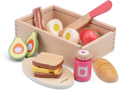 Woet® Holzschneideset Frühstück in Aufbewahrungsbox – Frühstücksspielset mit Schneidebrett Brot, Käse, Ei und Obst – Lernspielzeug Essen – Rollenspiel-Küchenspielzeug – ab 2 Jahren