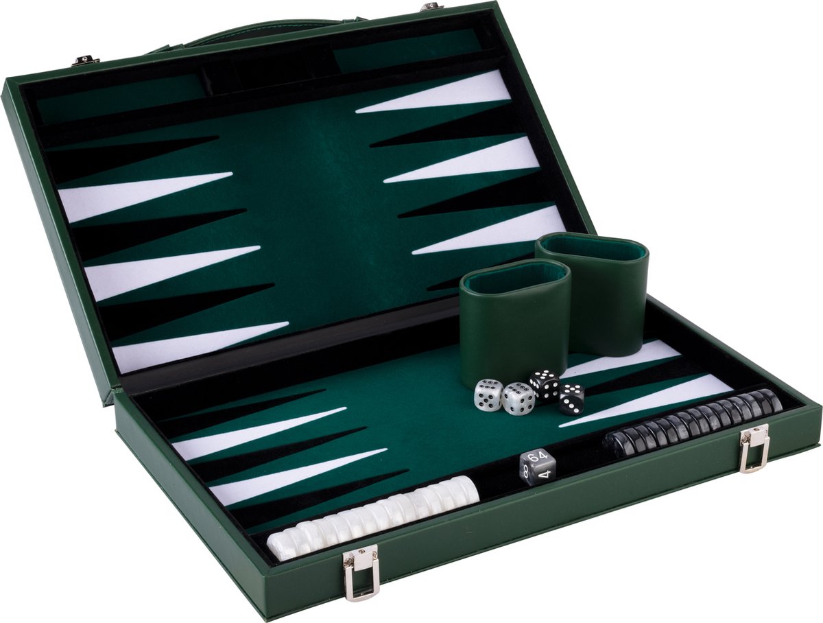 Longfield Backgammon 18 Zoll – grün, schwarz und weiß eingelegtes Brett – luxuriöses grünes Gehäuse mit Griff – Engelsherz
