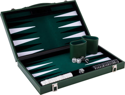 Longfield Backgammon 18 Zoll – grün, schwarz und weiß eingelegtes Brett – luxuriöses grünes Gehäuse mit Griff – Engelsherz