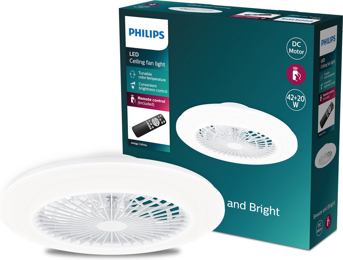 Philips LED Philips Amigo Ventilator – energieeffiziente LED-Beleuchtung – Deckenlampe – einstellbare Farbtemperatur – 48,5 cm Durchmesser – Fernbedienung – Weiß