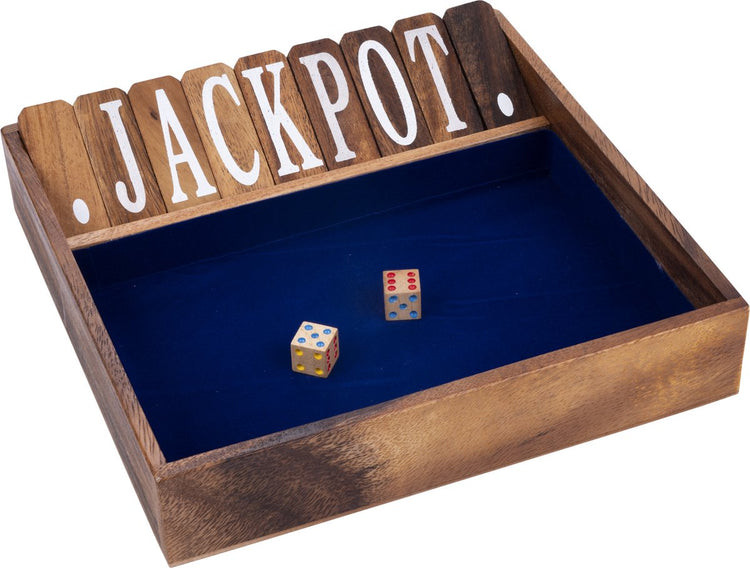 Longfield Shut the Box 2 Spieler blau – Würfelspiel aus Holz – klassisches Brettspiel – Familienspiel mit Filz – 2 Würfel – Engelsherz