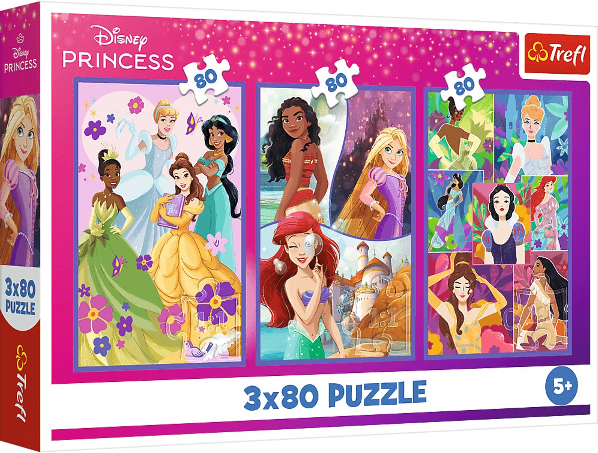 Trefl 3x80, Prinzessinnenfreunde, Disney Princess FSC Mix 70 %, 80 Stück, Zeichentrickfiguren, 5 Jahre