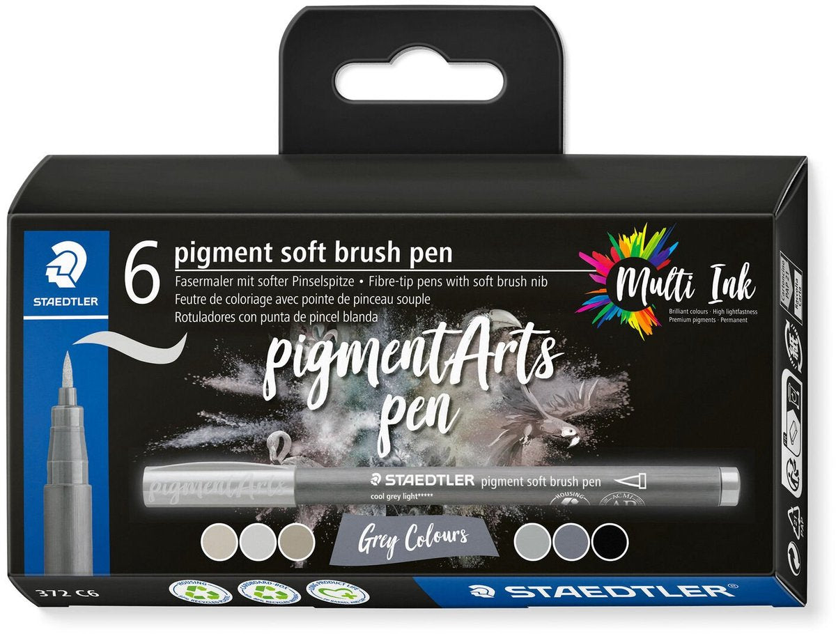 Staedtler Pigment Arts weicher Pinselstift | Karton mit 6 Stück | Grautöne