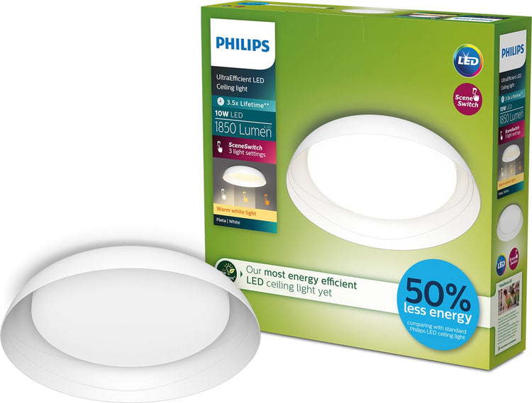 Philips LED Philips Fleta Deckenleuchte – ultraeffizient – Szenenschalter-Lichttechnologie – 10 W – warmweißes Licht – weißes Design – Energiekosten sparen