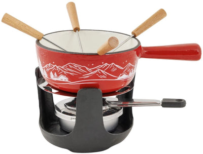 Gemütliches trendiges Espen-Fondue-Set aus Gusseisen ø14 cm - rot - inkl. Brenner 4 Gabeln - 4 Personen