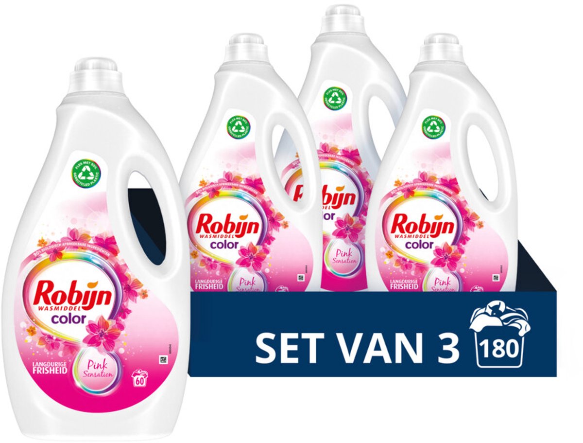 Robijn – Flüssigwaschmittel Farbe Pink Sensation 60 Waschgänge – 3 x 3 Liter – Vorteilspack