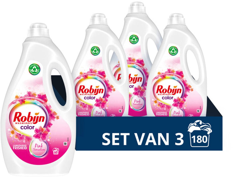 Robijn – Flüssigwaschmittel Farbe Pink Sensation 60 Waschgänge – 3 x 3 Liter – Vorteilspack