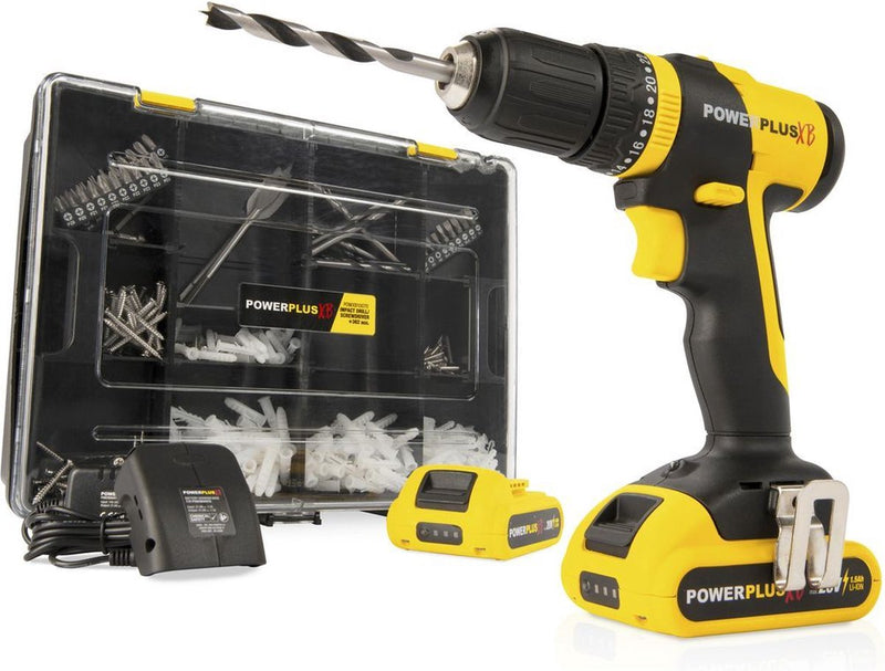 Powerplus Akku-Schlagbohrschrauber powxb10070 – 3 in 1: Bohrmaschinen, Bohrhämmer und Schrauben, 20-V-Bohrmaschine, 30 nm, Links- und Rechtsschrauben, inkl. 2 Akkus 1,5 Ah und 1 Ladegerät, 362 Zubehörteile