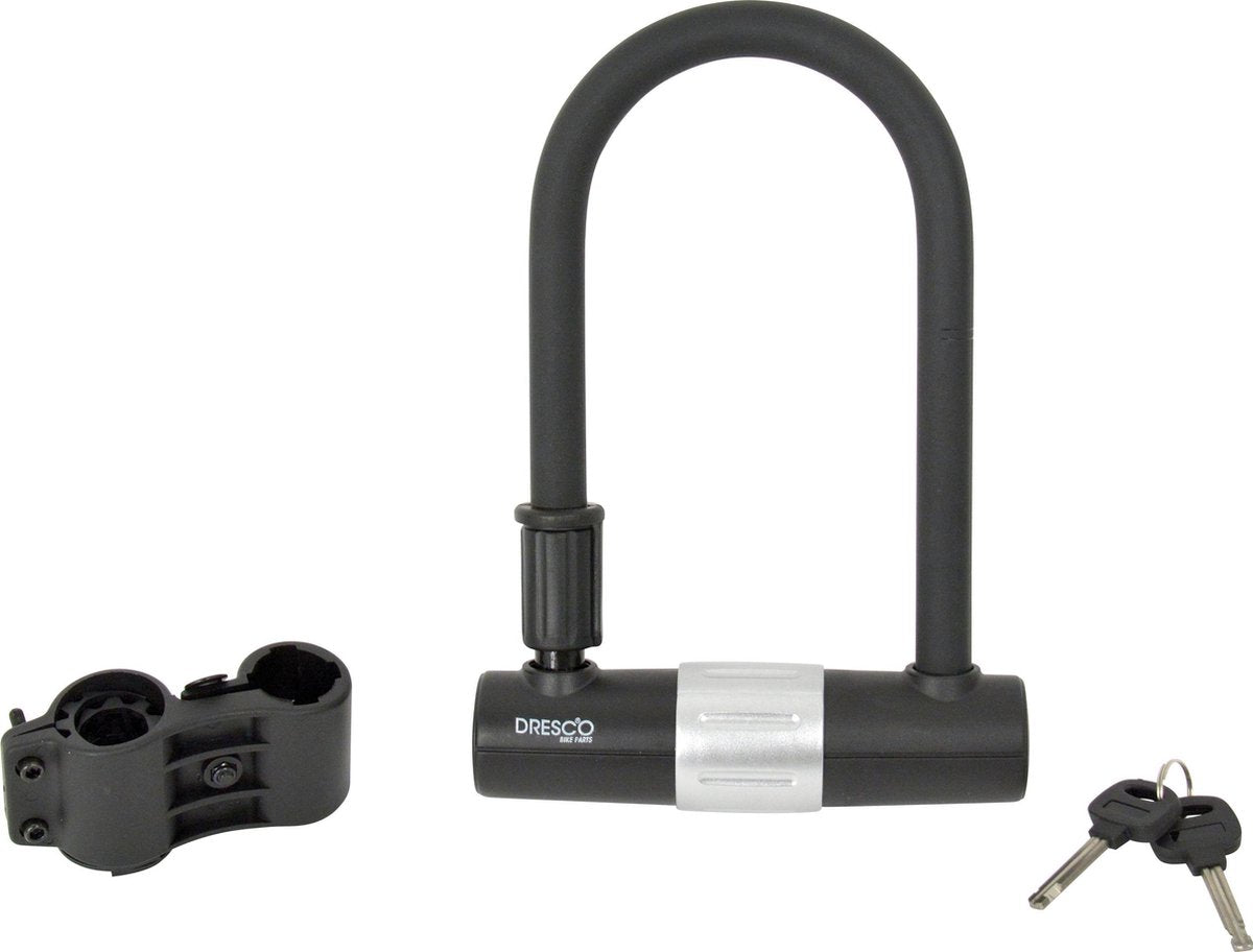 Dresco Bügelschloss – dicker 16 mm U-Bügel – aus gehärtetem Stahl – Doppelverriegelung – Innenmaße 100 mm breit, 190 mm hoch – spezielle Beschichtung verhindert Beschädigungen – versenkter Zylinder – schnelles Schließen – mit Rahmenmontage 2 Füllringe