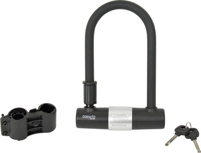 Dresco Bügelschloss – dicker 16 mm U-Bügel – aus gehärtetem Stahl – Doppelverriegelung – Innenmaße 100 mm breit, 190 mm hoch – spezielle Beschichtung verhindert Beschädigungen – versenkter Zylinder – schnelles Schließen – mit Rahmenmontage 2 Füllringe