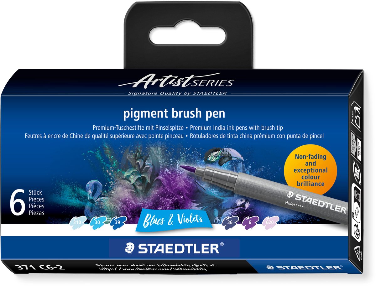 Staedtler – Künstlerserie – Pigment-Pinselstift-Set, 6 Farben, Blau, Violett