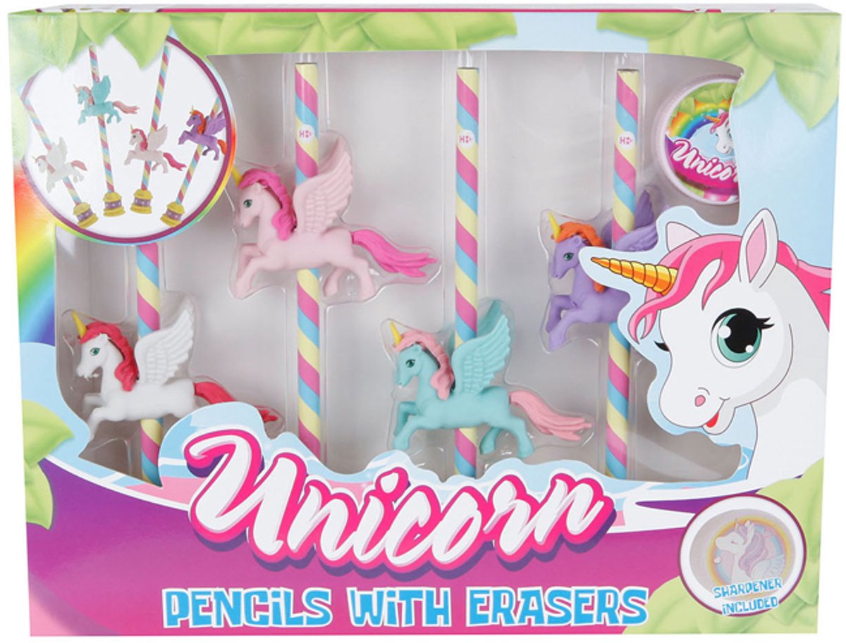 Einhornstifte mit Radiergummi und Bleistiftspitzer