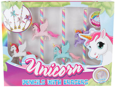 Einhornstifte mit Radiergummi und Bleistiftspitzer