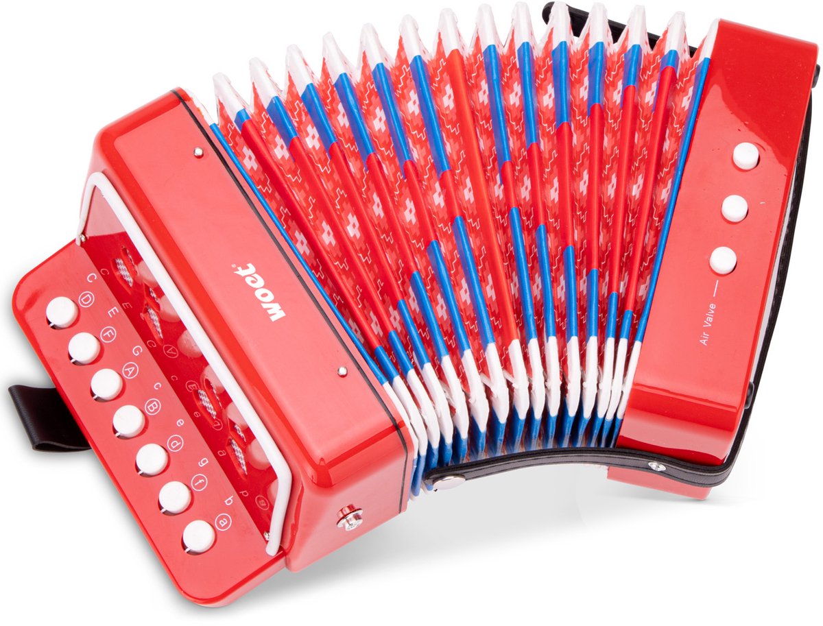 Woet® Spielzeug-Akkordeon für Kinder – Spielzeuginstrument – Rot – inklusive Notenheft mit 8 Liedern – ab 3 Jahren