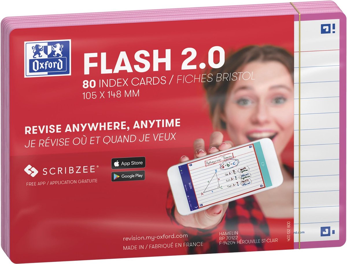 Oxford Flash 2.0 – Karteikarten – liniert – A6 – fuchsiafarbener Rand – 80 Stück
