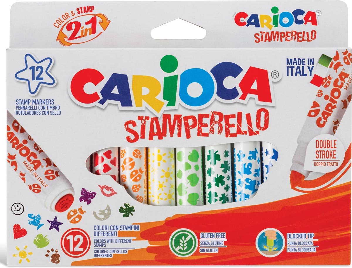 Carioca - Stempelmarker - super waschbar - 12 Marker (= 12 Farben und 12 Stempelmotive)