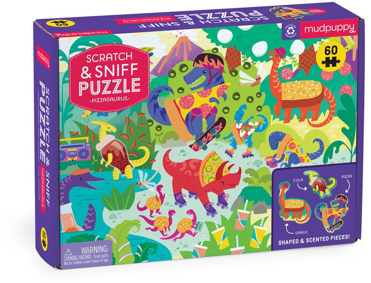 Mudpuppy Kratz- und Schnüffelpuzzle – Pizzasaurus – 38 x 28 cm – 60 Teile – 4 Jahre