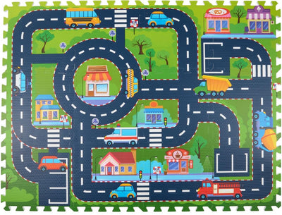 Eddy Toys Puzzlematte Stadt 12 Teile – Spielmatte mit Straßen und Autos – Schaumstoff-Spielmatte für Kinder mit Fliesen – Straßennetz-Spielmatte für drinnen – Bodenmatte Spielzeug – 90 x 120 cm
