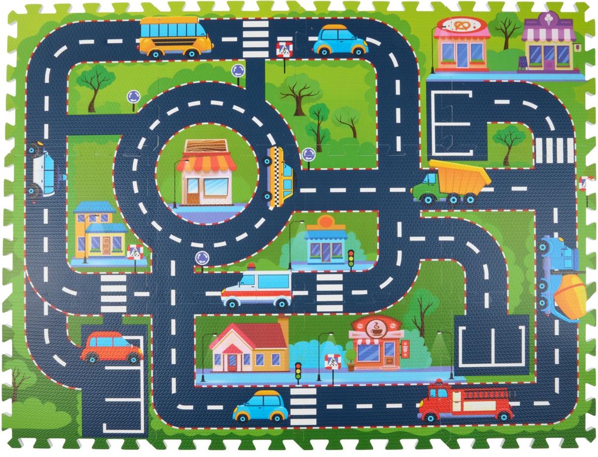 Eddy Toys Puzzlematte Stadt 12 Teile – Spielmatte mit Straßen und Autos – Schaumstoff-Spielmatte für Kinder mit Fliesen – Straßennetz-Spielmatte für drinnen – Bodenmatte Spielzeug – 90 x 120 cm