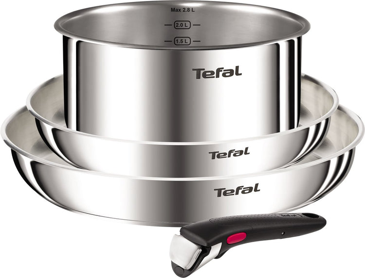 Tefal Ingenio Emotion L896S453 – 4-teiliges Pfannenset – Edelstahl 2 Bratpfannen 1 Kochtopf – abnehmbarer Griff – stapelbar – Induktionsgeeignet – ofenfest – kompaktes Kochgeschirr