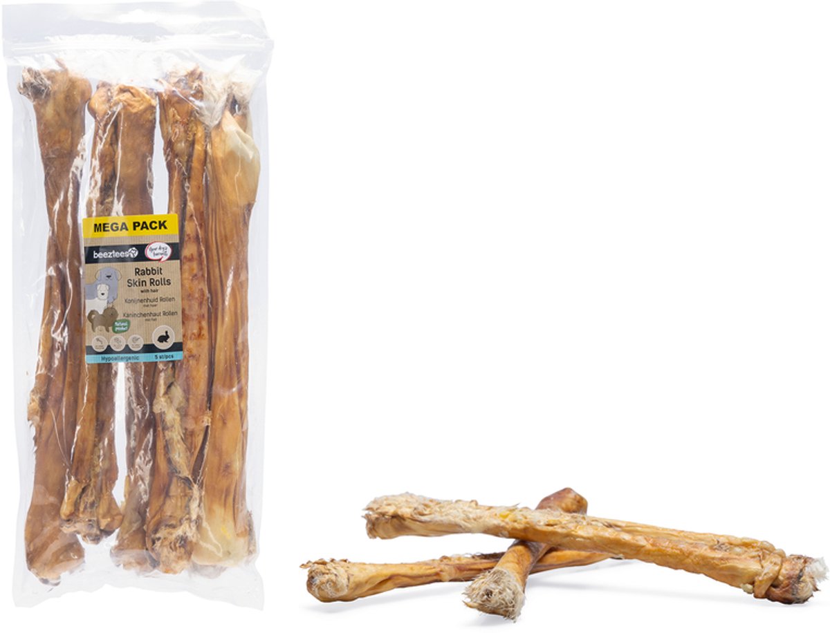 Beeztees Kaninchenfellrolle mit Haaren 5 Stück - 35-45 cm - Natur - - Hundesnacks - Kausnacks für Hunde