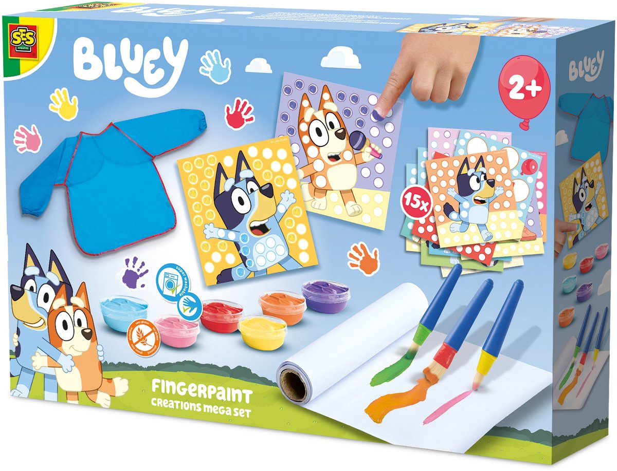 Ses creative bluey – Fingerfarbe – Mega-Set – vegan glutenfrei – leicht abwaschbar – für Kinder ab 2 Jahren – 15 Karten und 1 Kochschürze