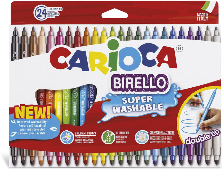 Carioca Birello Doppelspitz-Filzstifte – 24 Farben – waschbar – feine (2,6 mm) breite Spitze (4,7 mm) – Malmarker für Kinder