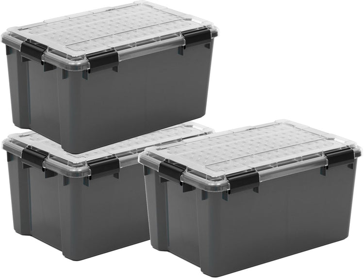 Iris Outdoor-Aufbewahrungsbox mit Polycarbonat-Deckel – 45 l – beste Allround-Wahl – wasserdicht, luftdicht – Kunststoff – grau transparent schwarz – 3er-Set