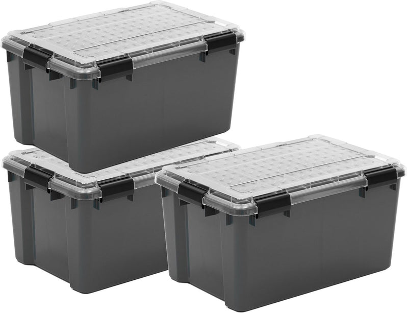 Iris Outdoor-Aufbewahrungsbox mit Polycarbonat-Deckel – 45 l – beste Allround-Wahl – wasserdicht, luftdicht – Kunststoff – grau transparent schwarz – 3er-Set