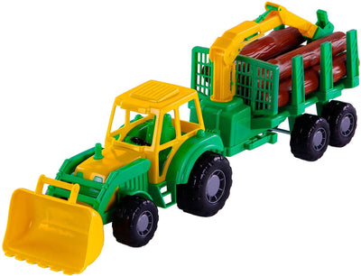 Cavallino Toys Cavallino Junior Traktor mit Tippanhänger und Holz, 46 cm