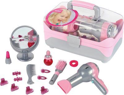 Klein Toys Braun Friseurkoffer mit Haartrockner – Haarschmuck, Spiegel, Lippenstift und Parfüm – inkl. Ventilator mit Kaltluftmechanismus – rosagrau