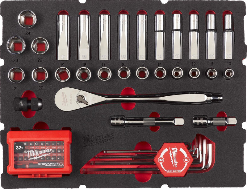 Milwaukee ½″ Ratschen-, Sechskant- und Inbusschlüsselsatz in Packout™-Schaumstoffeinlage – 70 Stück – 4932480716