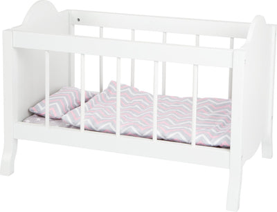 Kleines Fußholzpuppenbett weiß mit Bettwäschestreifen, 4dlg.
