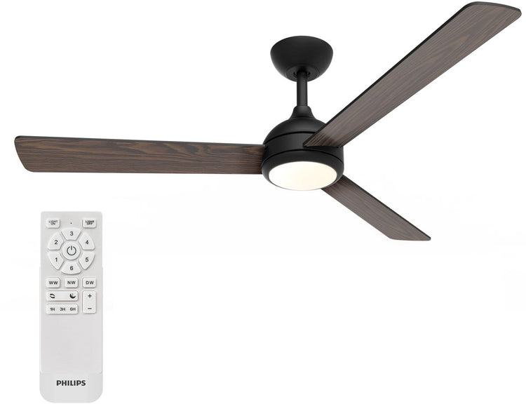 Philips LED Philips Civx Deckenventilator mit LED-Lampe – 3 Flügel – Durchmesser: 132 cm – drei weiße Lichttöne (3000 K, 4300 K, 6500 K) – dimmbar bis zu 10 % – Fernbedienung – Schwarz oder dunkles Holz – 2500 Lumen