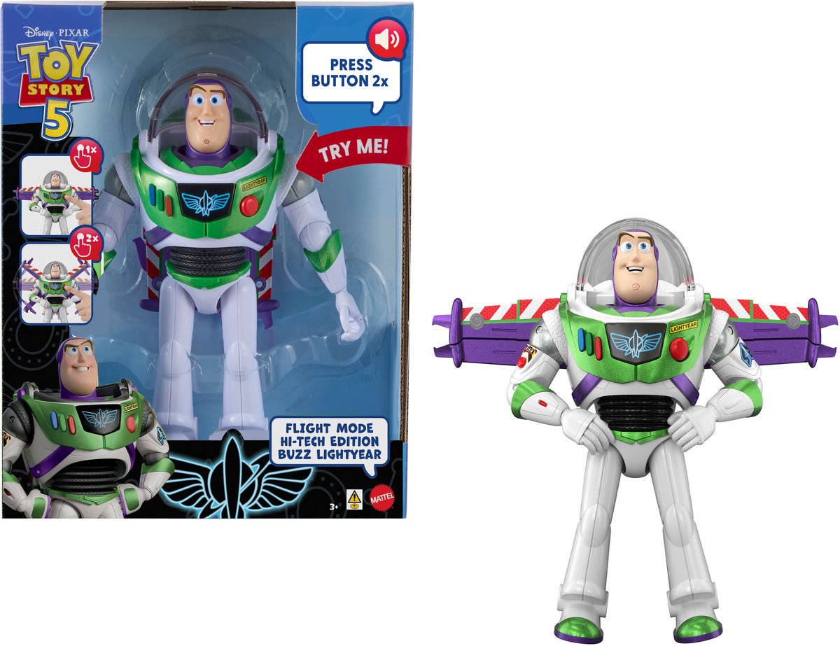 Mattel Disney und Pixar Toy Story 5 Actionfigur von 30 cm – Flugmodus, High-Tech-Edition Buzz Lightyear mit Flügelaktivierung und mehr als 35 Sounds – französische Ausgabe