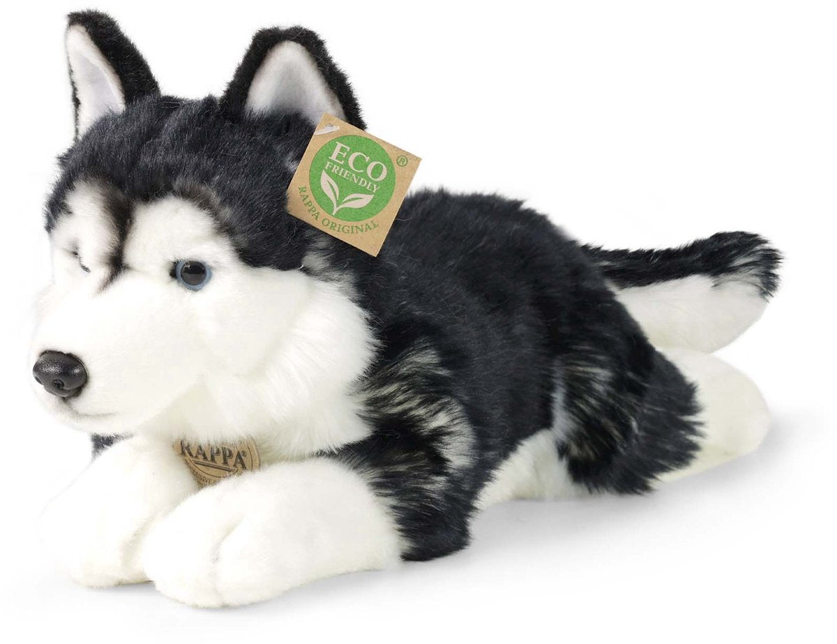 Rappa Öko-Kuscheltier Husky 36 cm – realistisches Kuscheltier aus recycelten PET-Flaschen – Schwarz, Weiß